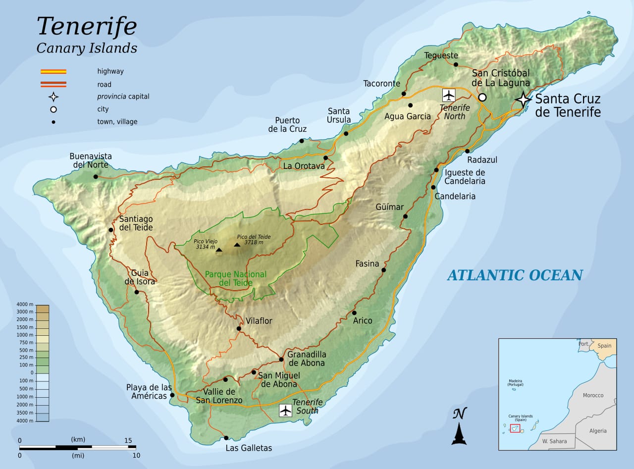 Topographic map of Tenerife showing the location of Tenerife North Airport (Los Rodeos) and key geographic features relevant to weather and flight operations.